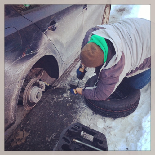 Fixin' a flat. 
